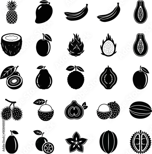 Collection of exotic tropical fruits and berries flat design icons vector set, healthy food symbols and natural ingredients