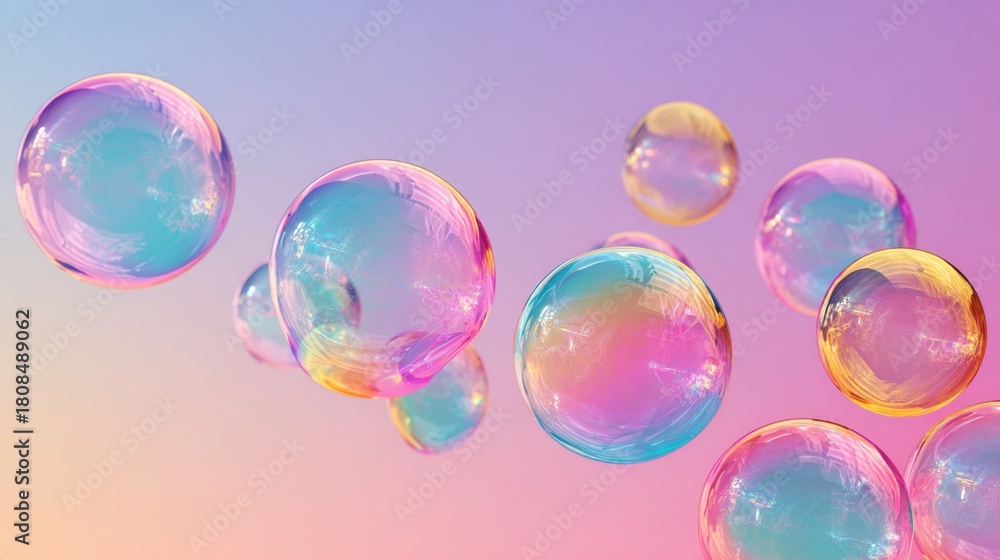 Obraz premium A bunch of colorful bubbles floating in the air. The bubbles are of different colors and sizes, creating a vibrant and playful atmosphere. Concept of joy and wonder, as if the bubbles are dancing