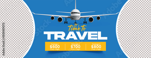 travel agency social media header and horizontal banner for holiday and tour advertisement, travel deals, vacation packages, hotel resort promo, and online flight ticket booking template design