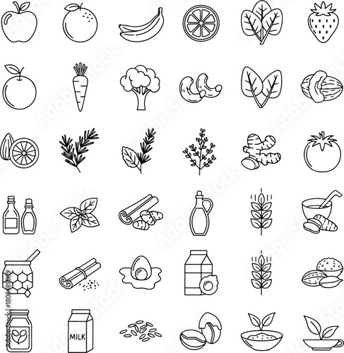 Collection of healthy food icons, fresh fruits, vegetables, nuts, and natural ingredients for healthy eating