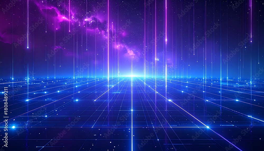 Obraz premium Futuristic digital landscape with gridlines converging towards a bright point, bathed in violet and blue light