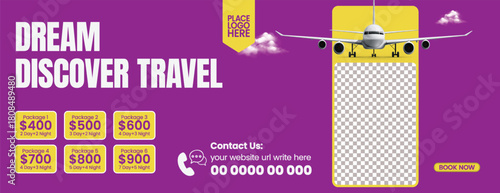 travel agency social media cover and adventure trip horizontal banner for holiday and tour advertisement, hotel resort booking, online ticket, travel deals, and summer holiday promo template design