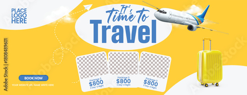 travel agency horizontal banner and travelling agency business header design for travel sale, holiday tour promotion, hotel resort booking, flight ticket booking,  vacation package web banner design