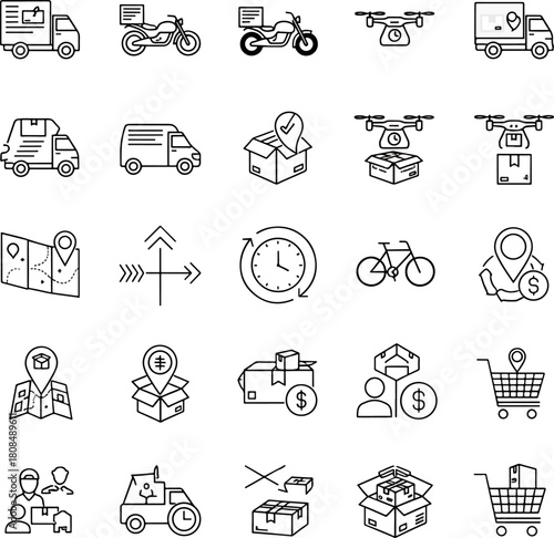 Delivery Service Icons Set Featuring Trucks, Drones, Motorcycles, Bicycles, and Packages for Logistics and Shipping