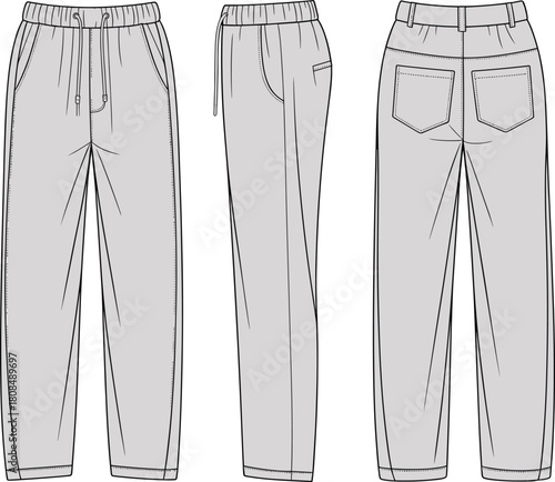 Cad drawing flat vector illustration of unisex jogger pants with front side and back technical fashion sketch for apparel design template