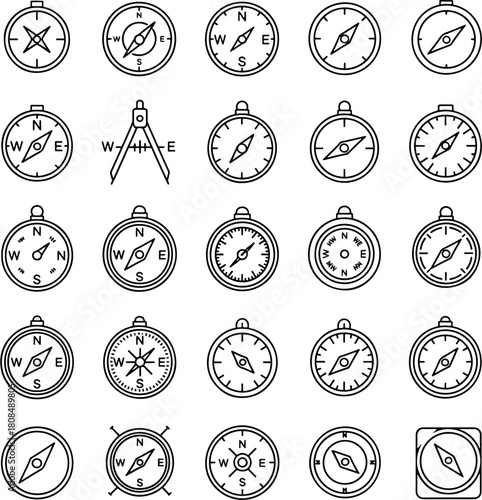 Set of compass icons, directional navigation tools, wind rose and compass drawing tools, vector line art illustrations