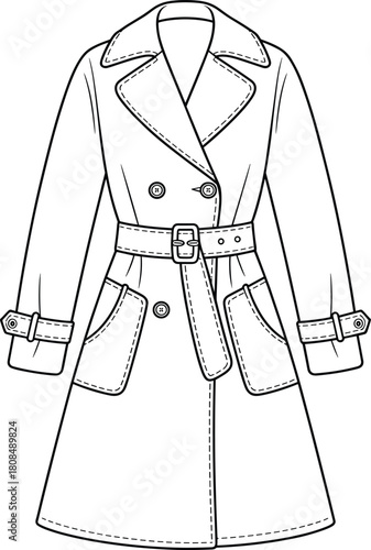 Classic trench coat fashion flat sketch with belt and pockets, technical garment drawing for apparel design, cad drawing flat vector illustration
