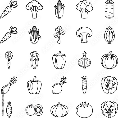 Set of Hand Drawn Outline Vegetables and Farm Produce Icons on White Background, Fresh Organic Food Symbols Collection