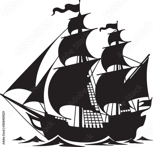 Black silhouette of a majestic sailing ship navigates the wavy ocean waters gracefully