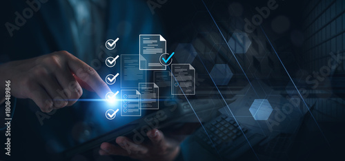 Checklist business performance monitoring concept, Business using tablet online survey filling out check digital form task, online survey question form, target marketing planning with quality control