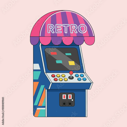 A colorful retro arcade game machine with a striped awning displaying 'RETRO' text, featuring a joystick and buttons on a light pink background.