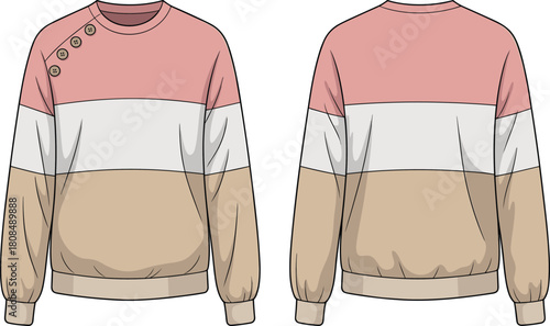 Color block sweatshirt vector illustration with front and back views, pastel tones, long sleeves, button detail, casual fashion apparel design