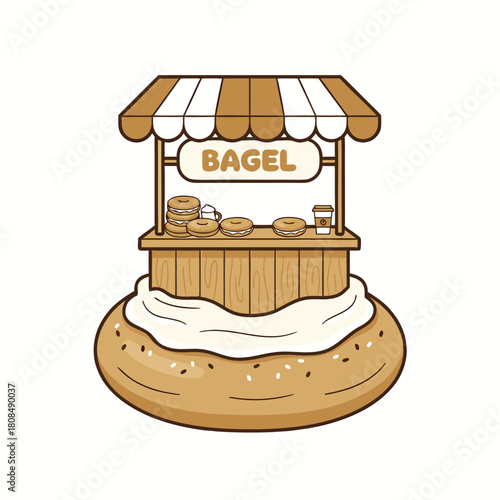 Cartoon illustration of a charming bagel stand with an awning, displaying fresh bagels and coffee, all placed on a giant bagel with cream cheese.