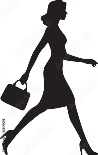 Black silhouette of a woman walking with handbag and wearing high heels appears isolated