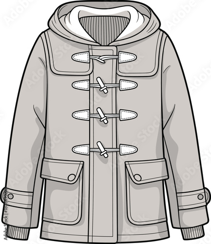Duffle coat vector illustration with toggle closure, hooded winter jacket fashion sketch, warm outerwear clothing template for apparel design and mockups