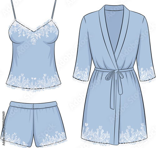Elegant blue women’s lingerie sleepwear set with lace details, camisole top, shorts, and robe design for fashion illustration and apparel branding