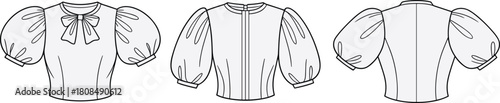 Elegant puff sleeve women’s blouse front side back fashion flat sketch with bow detail and clean garment outline, cad drawing flat vector illustration