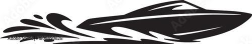 Boat speeds swiftly across water; black with a transparent background