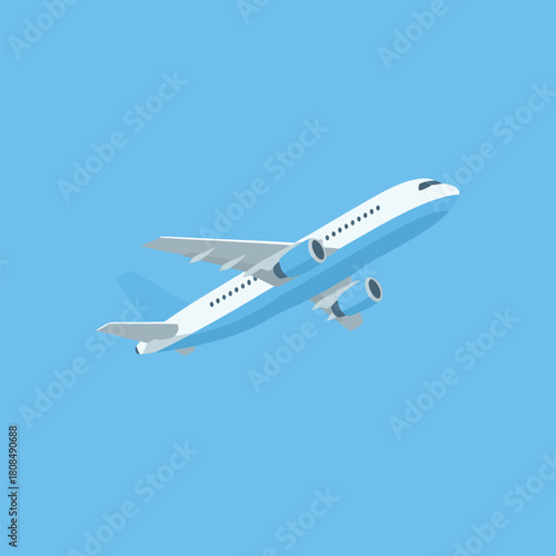 A modern passenger airplane with blue accents flying in a clear blue sky, depicted in a flat design style.