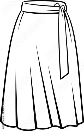 Elegant women’s wrap midi skirt fashion flat sketch with tied waistband and flowing panels, cad drawing flat vector illustration template