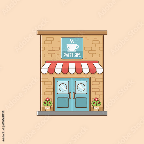 A cartoon illustration of a charming coffee shop building with a "Sweet Sips" sign, a striped awning, and potted plants.