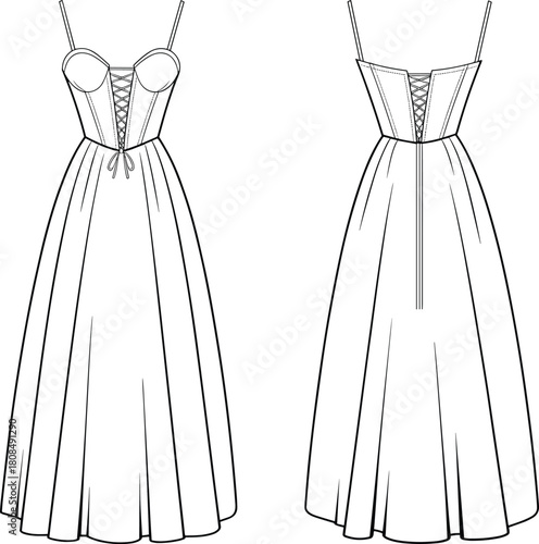 Fashion flat vector illustration of women’s lace-up corset maxi dress with fitted bodice, spaghetti straps, flared skirt and back detailing