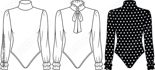 Fashion flat vector illustration of women’s long sleeve bodysuit set with mock neck, ruffle collar, bow tie and polka dot design