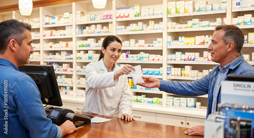Female pharmacist hands medication to a male customer at the counter in a busy retail pharmacy.