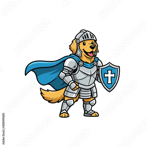A cheerful golden retriever dog mascot dressed in full knight armor with a blue cape and shield featuring a cross.