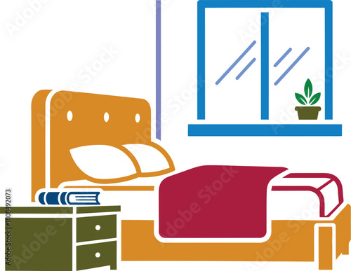 Stylized bedroom interior with bed nightstand and window illustration