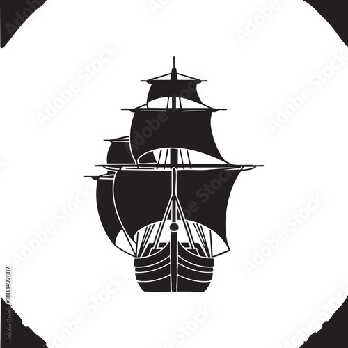 Monochrome sailboat shows a ship from a head on perspective against white