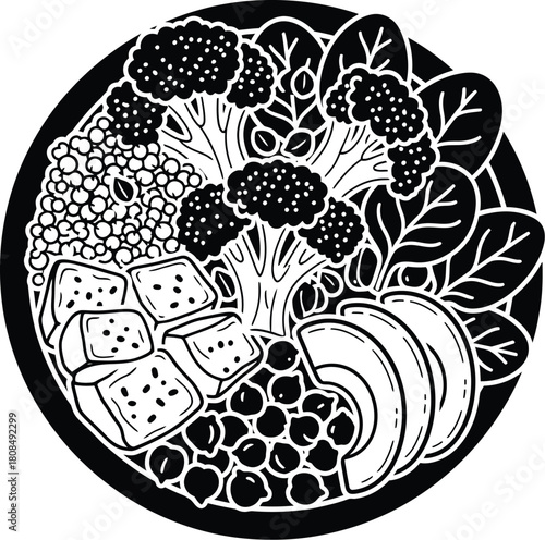 Hand drawn vegan bowl with tofu and vegetables illustration
