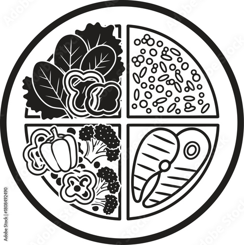 Healthy plate method illustration with vegetables grains protein and fruits