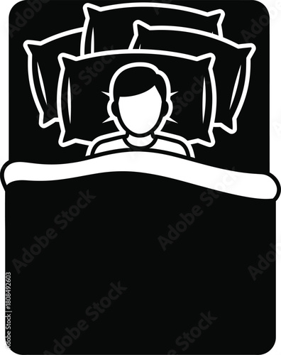 Person sleeping in bed with pillows and blanket icon illustration