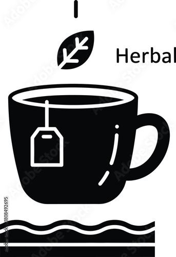 Black and white illustration of herbal tea with mint leaf