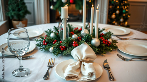 Close-Up of a Formal Christmas Dinner Table Setting with Elegant White Linen, Crystal Glassware, and a Festive Centerpiece of Candles, Evergreen, and Red Berries