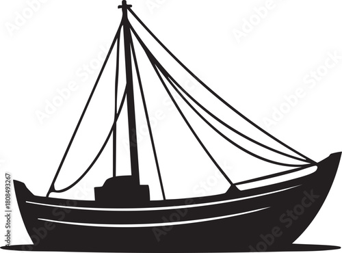 Silhouette of a fishing boat reveals its traditional rigging against a plain background