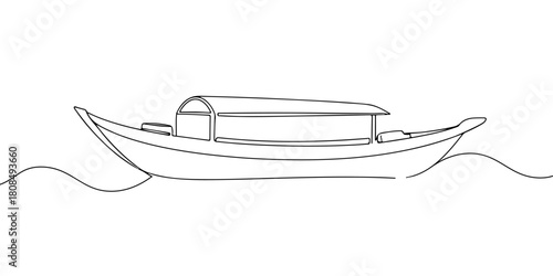 A single continuous line of wooden boats, vector illustrator
