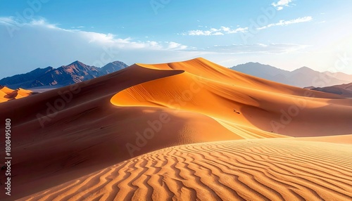 Fototapeta Naklejka Na Ścianę i Meble -  Expansive sand dunes sculpted by wind, casting long shadows under a bright sky with distant mountains.