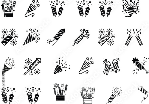 Firework confetti icon set holiday party confetti icon set silhouette Festive confetti burst set isolated on white background. Vector illustration of hand drawn firework explosion effect, firecracker