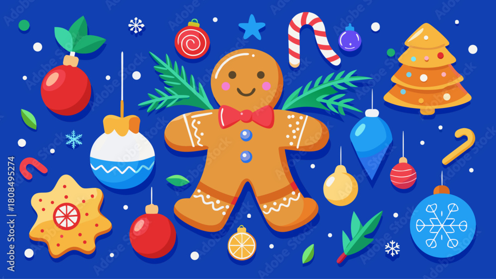 Naklejka premium Christmas Homemade Gingerbread Cookies and Holiday Decorations on Blue Background – Festive New Year Creative Concept Vector Art Illustration