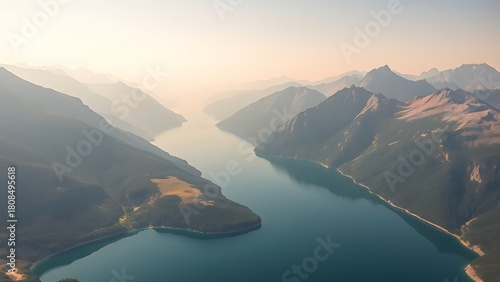 tpu. Aerial view of a serene mountain lake encircled by rugged alpine peaks under a clear sky with soft haze. travel magazines, destination branding, designed for travel destination branding.