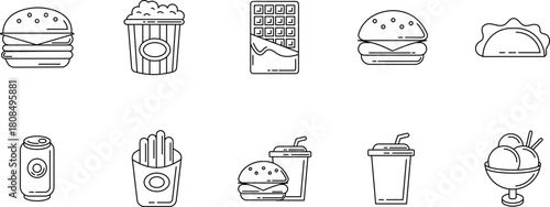Collection of simple outline food and drink icons in minimalist stroke style for menus and branding.