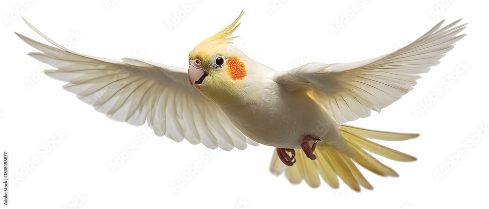 Fototapeta premium a beautiful cockatiel flying isolated on white background with its wings spreadEagle flying on white background