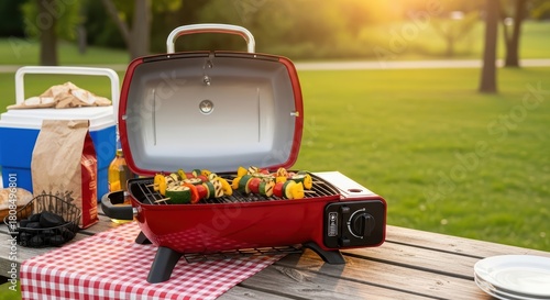 Fototapeta Naklejka Na Ścianę i Meble -  Red portable grill with skewered vegetables on picnic table in park setting