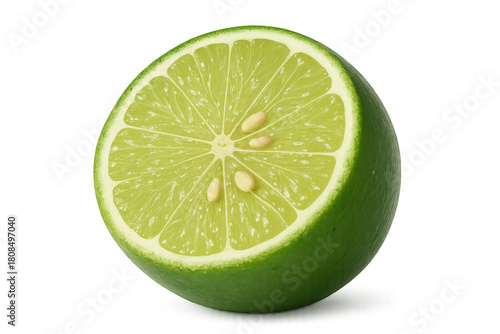 Half fresh green lime showing juicy pulp and seeds, tropical citrus fruit cut for cooking or beverages, transparent background