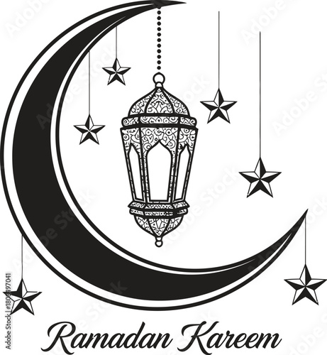 Ramadan kareem illustration with crescent moon lantern and stars