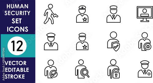 A clean set of twelve human security icons featuring guards, shields, monitoring, identification, and investigation, designed with simple editable vector strokes for professional use