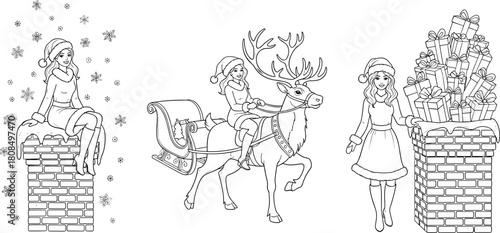Christmas illustration, festive women, Santa outfit, reindeer sleigh, chimney gifts, holiday celebration, winter snow, seasonal joy, Christmas drawing, holiday scene
