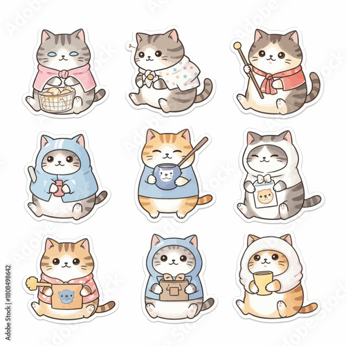 Cute cat character set wearing different outfits.